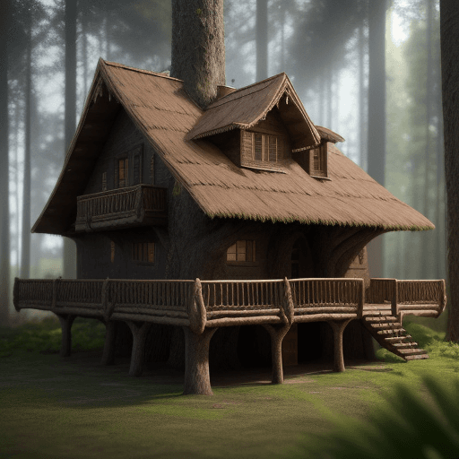 AI generated: A house with an exterior made of bark on a tree trunk is in the forest,render,8k,realistic 