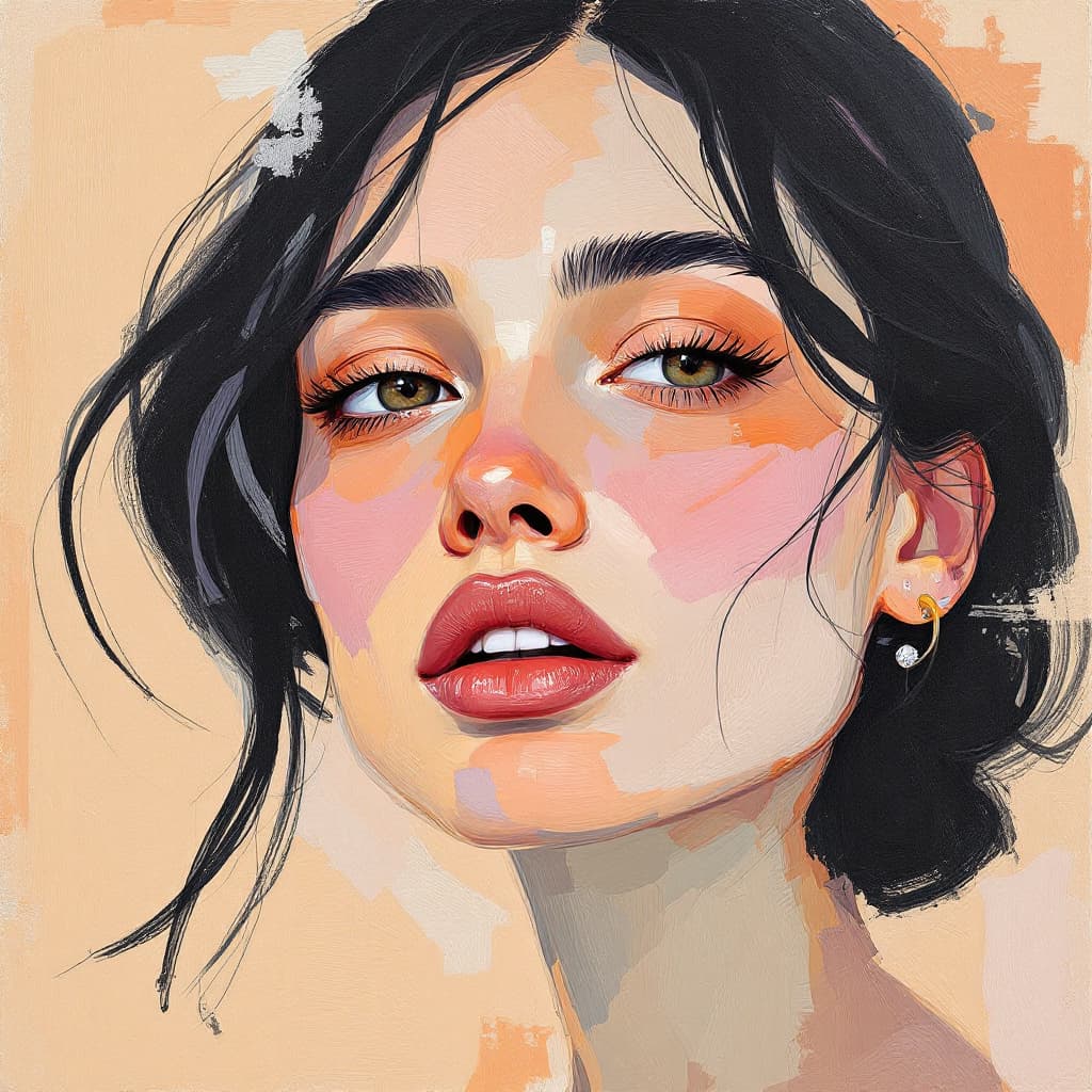 AI generated: abstract portrait of a woman with an emphasis on thick, impasto-style brushstrokes and a rich, tacti...
