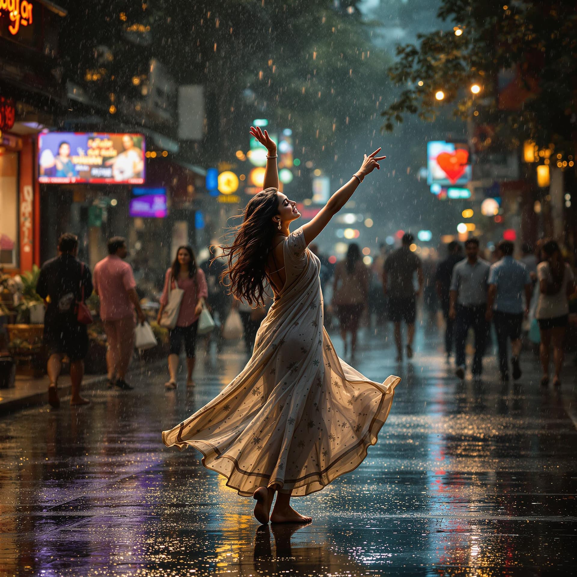 AI generated: An image depicting the metaphor of life as Indian girl dancing in the rain. Show a joyful and confid...