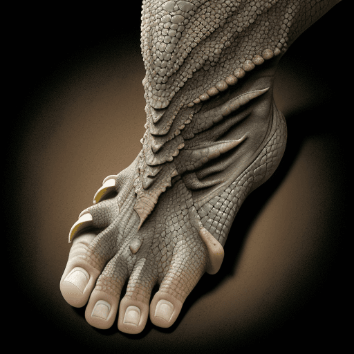 AI generated: a human foot similar to a dinosaur's foot with reptile claws instead of human nails. Place respitili...