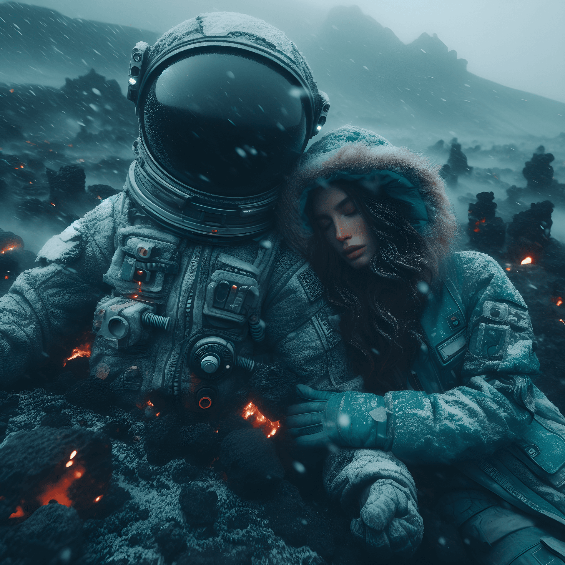 AI generated: a woman setting next to an astronaut in a space , cyberpunk art by Daryush Shokof, unsplash contest ...