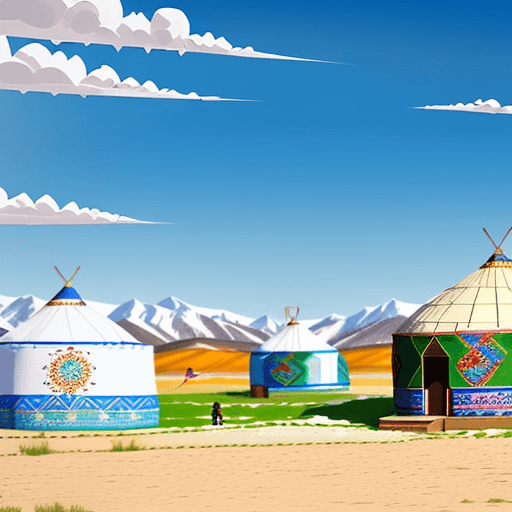 AI generated: Kazakhs celebrate Nauryz with food, games, in national clothes, many people, yurts. Blue sky. Spring...