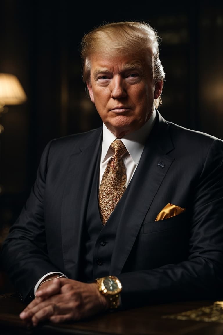 AI generated: Trump, the ruthless mafia boss, is seen in this image dressed in a tailored suit from the early twen...
