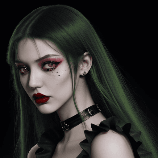 AI generated: goth fashion, night club, red lips, cruel, long green hair, expensive clothes, cross-laced footwear,...