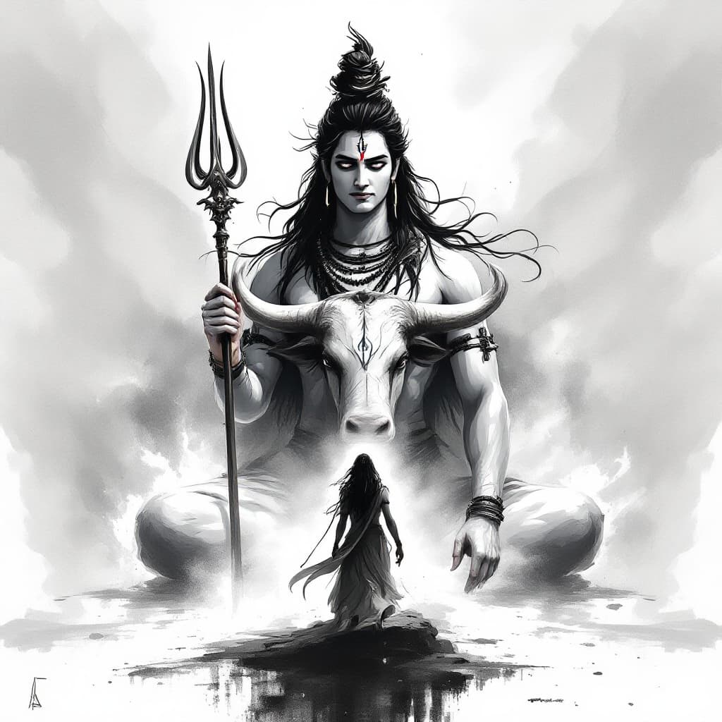 AI generated: Lord Shiva in front of Nandi Bull, Trishul in hand, minimalist ink wash style, 2D game art, witchcol...