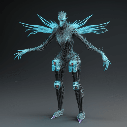 AI generated: A 3D fantasy creature implanted with cybernetics