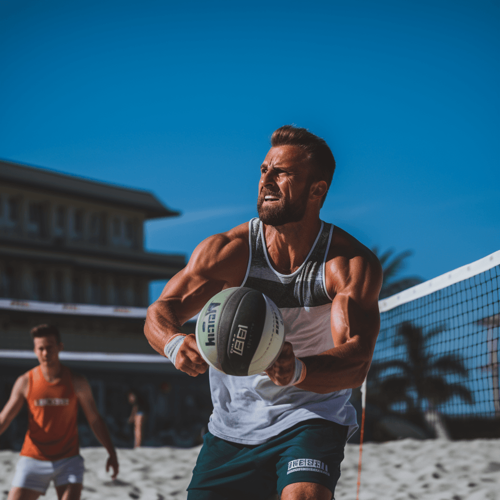 AI generated: Beach volleyball, with white sand, human players, net, and players, environment, EOS R5