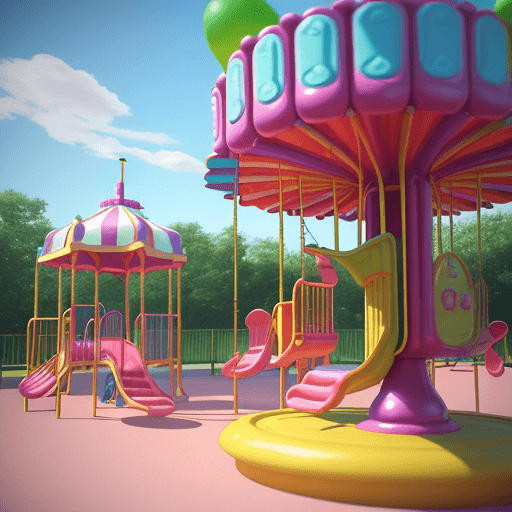 AI generated: "Whimsical Playground Adventure": Create a 3D scene featuring a vibrant playground filled with color...