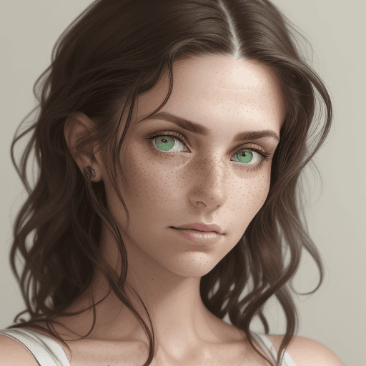 AI generated: Close-up portrait of a woman with green eyes, light freckles, and dark hair styled in loose tendrils...
