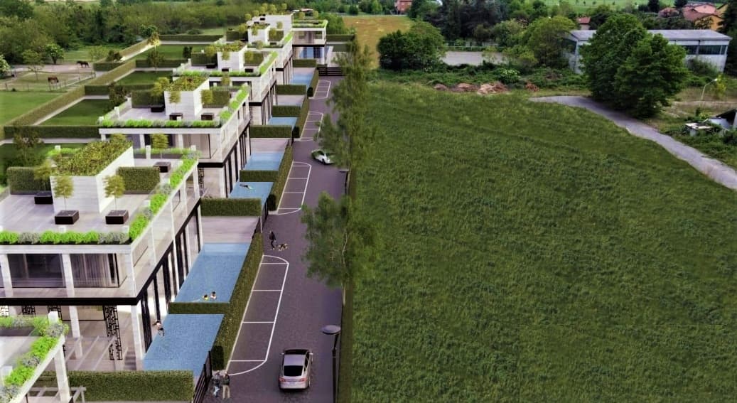 AI generated: Ville gemelle su due piani con piscina e giardino