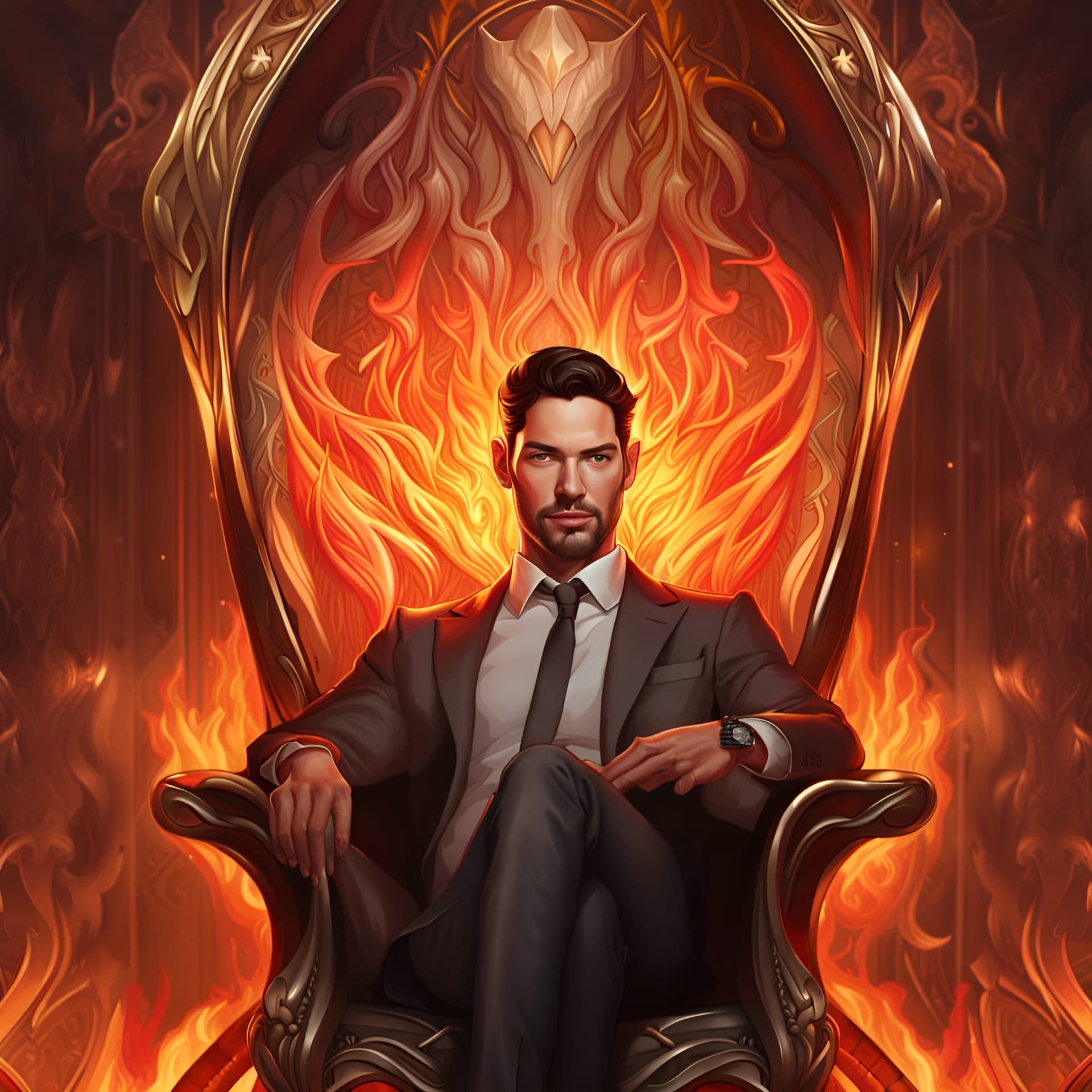 AI generated: tom ellis ( lucifer ) portrait sitting in art nouveau burning chair, fantasy, intricate devilish des...