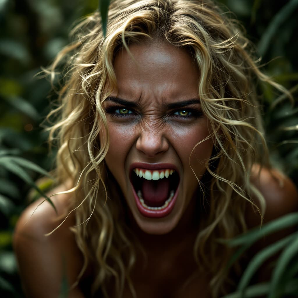 AI generated: Award-winning photography, An gorgeous blonde young screaming woman, being chased by a tiger, in the...