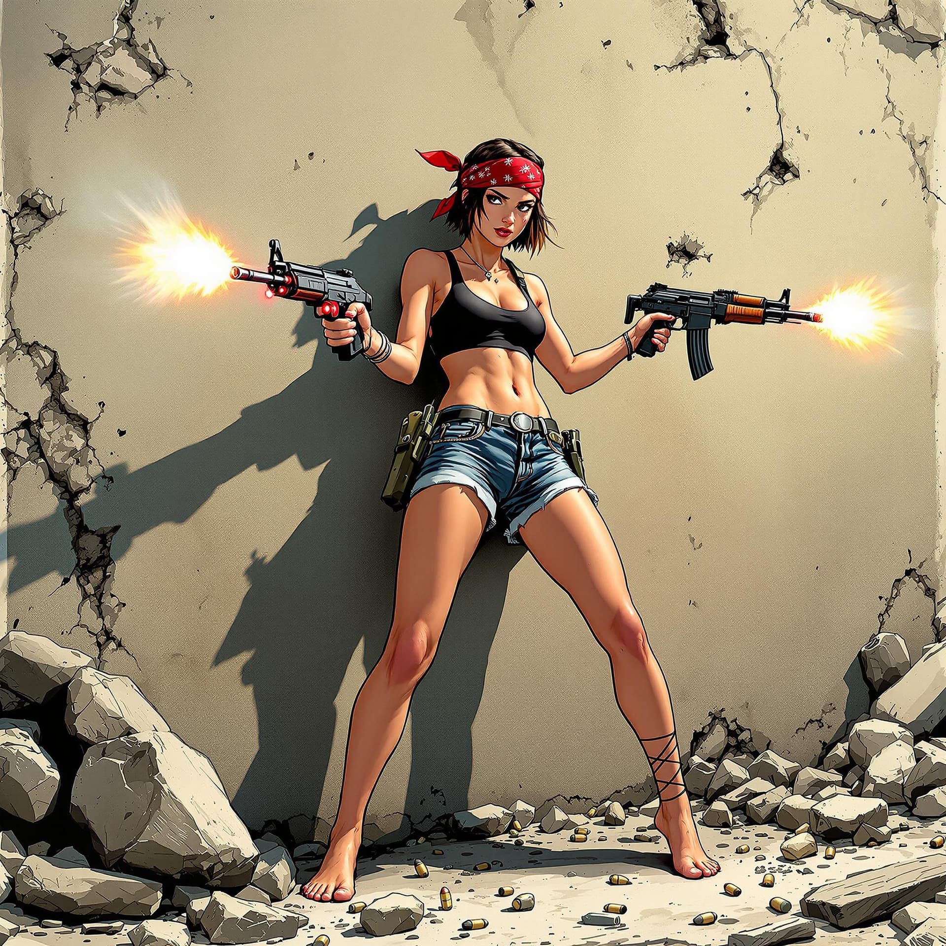 AI generated: Comic book cover illustration, full length view of a short haired girl with freckles, top, red banda...