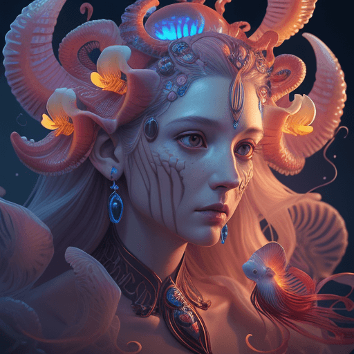 AI generated: Goddess close-up portrait ribcagel. jellyfish phoenix head, nautilus, orchid, skull, betta fish, bio...