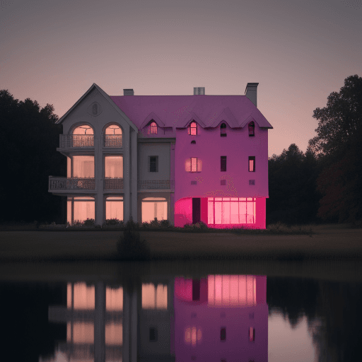 AI generated: House by the lake. The facade of the house is made of pink plush, the lake is made of blood, evening...