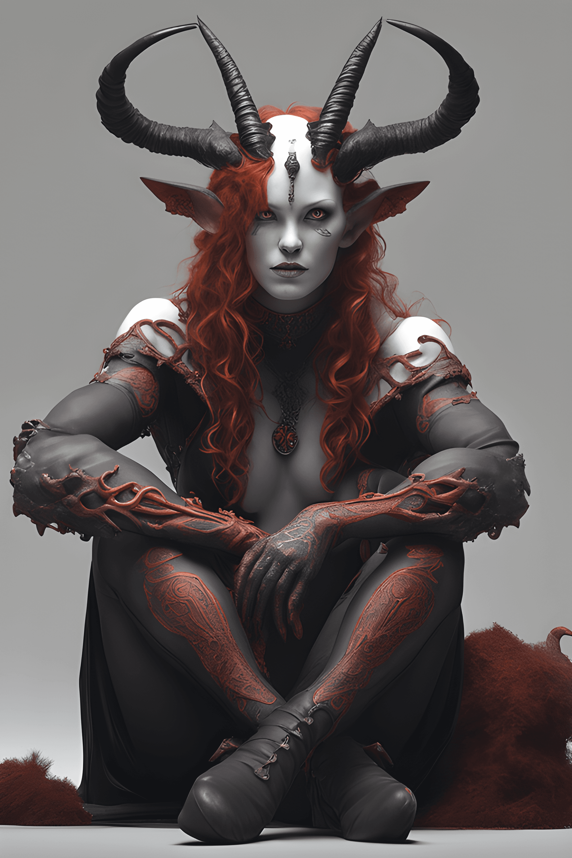 AI generated: creature sitting with legs crossed, curly red hair, gloves, black stockings, highly detailed face, h...