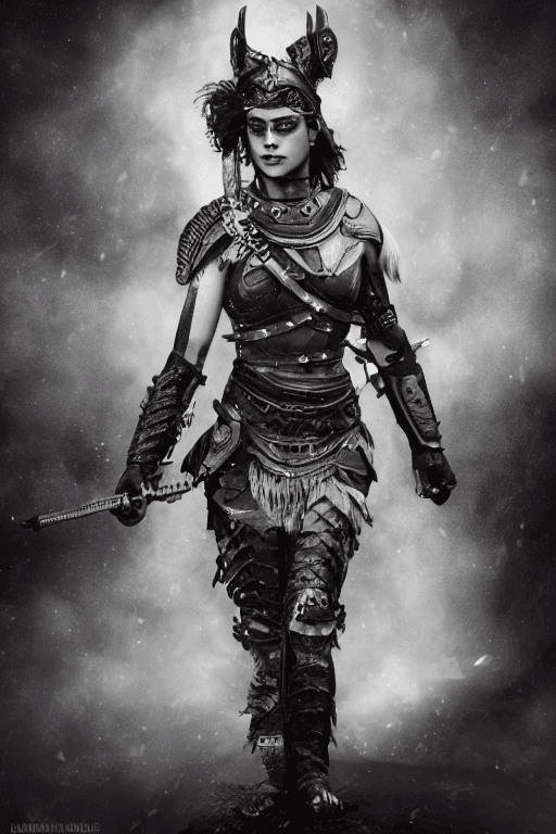 AI generated: gorgeous valkyrie| (detailed face with war paint)| ((black eyeliner))| dark background| hyperrealist...