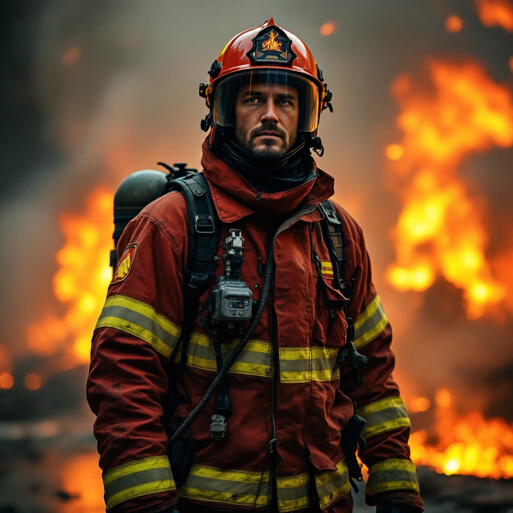 AI generated: A cinematic image of a firefighter wearing a slightly worn bright red suit with yellow and black ref...