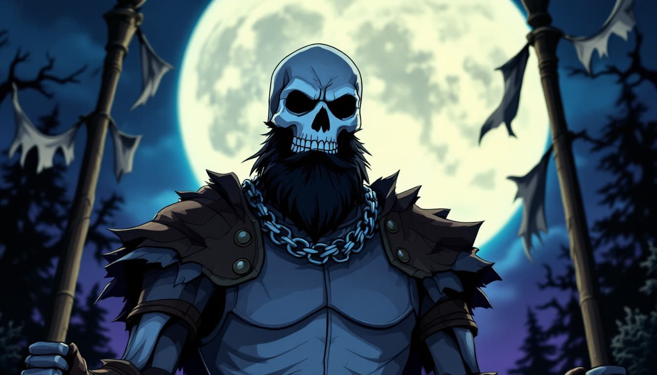 AI generated: a skeleton warrior standing in front of a full moon, exuding an eerie and haunting atmosphere. The s...