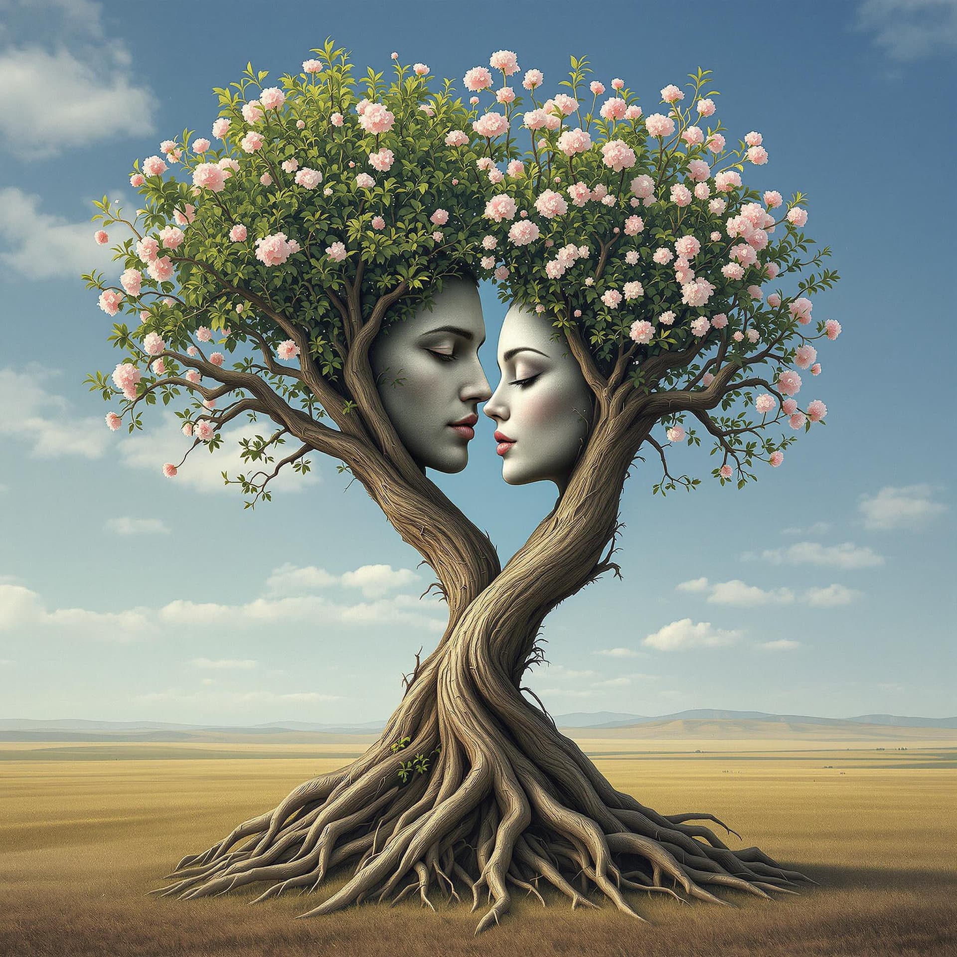 AI generated: A captivating surreal realistic artwork featuring a mesmerizing fusion of human and nature. A male a...
