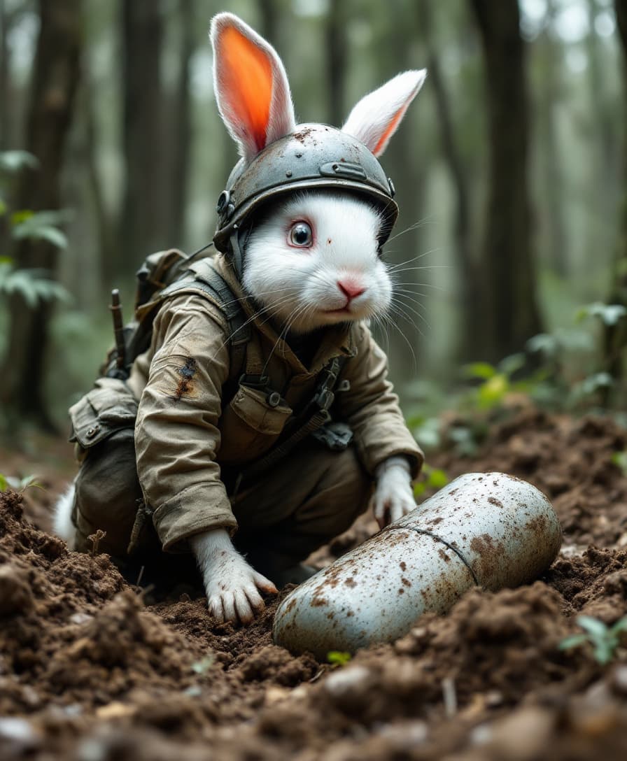AI generated: A white and thin rabbit in a dirty and worn bomb squad uniform is digging up large landmines in a fo...