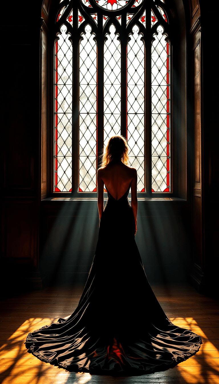 AI generated: "A dramatic and elegant gothic setting with a young woman standing in front of a tall, intricately d...