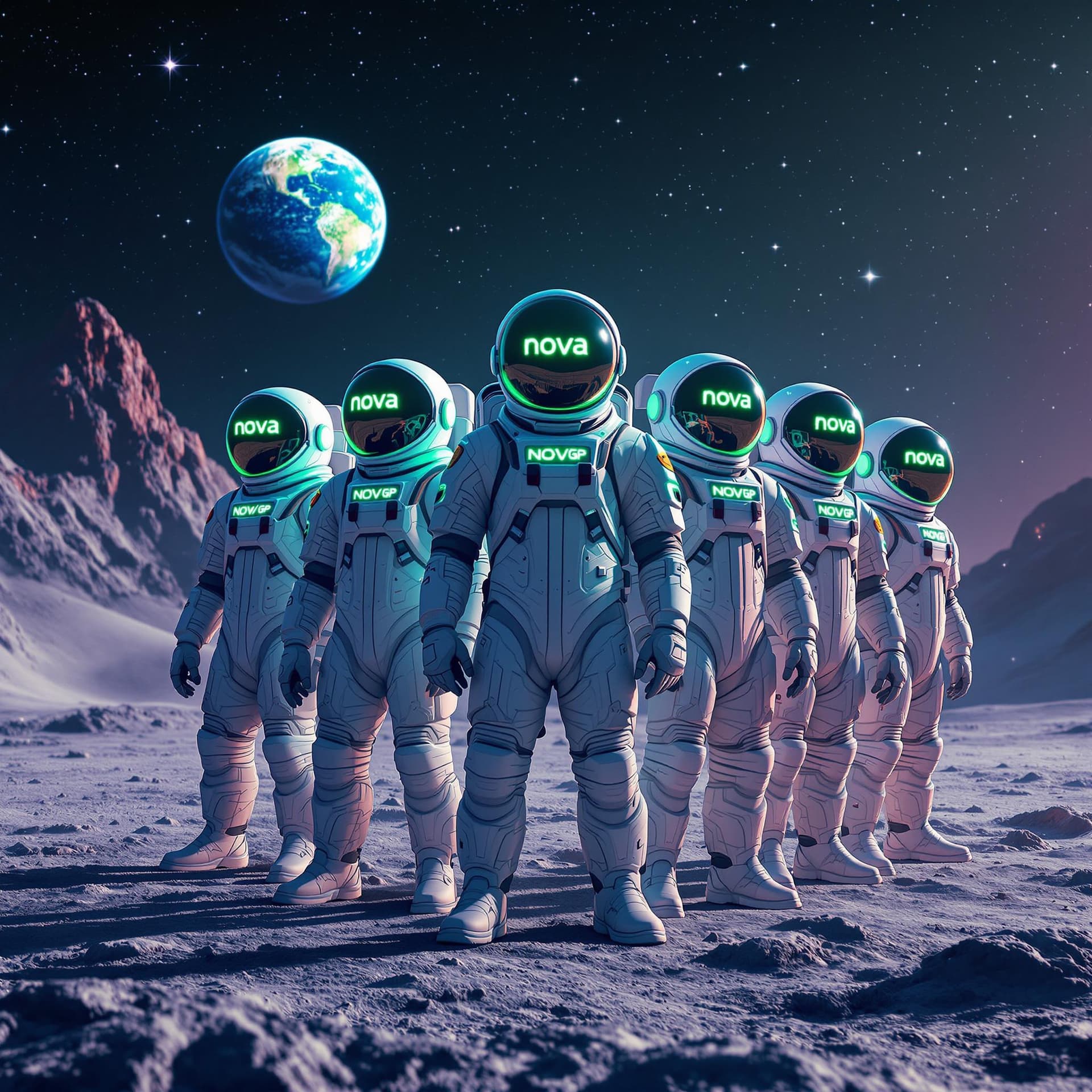 AI generated: "A photorealistic group poster of NOVA GP members in sleek spacesuits standing on a lunar landscape....