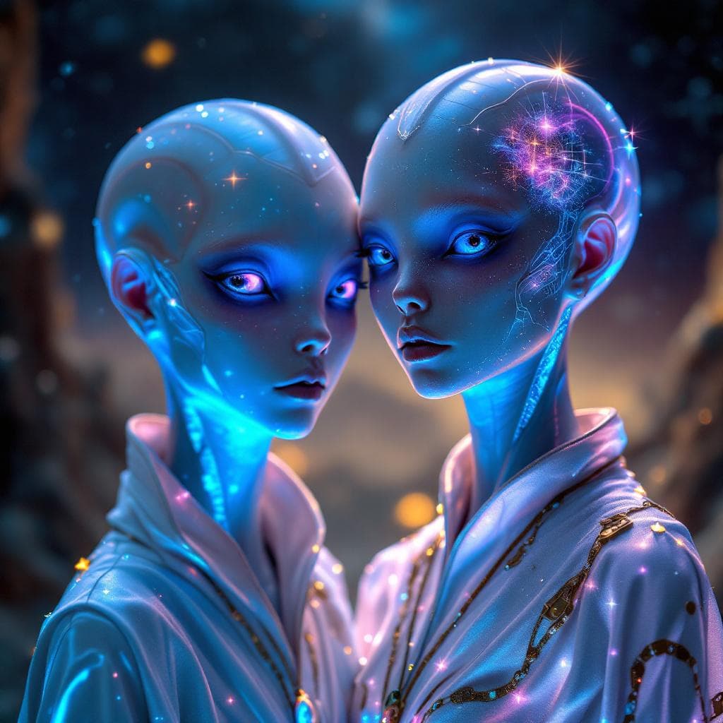 AI generated: Create a unique, flesh, organic, human or human-like species, Male and Female. Otherworldly human fi...
