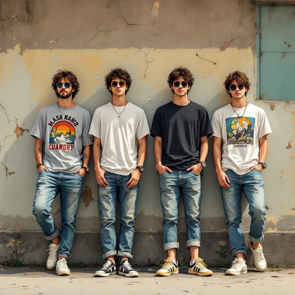 AI generated: A group of four young men casually hanging out against a weathered, cracked wall with peeling paint....