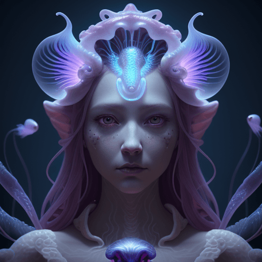 AI generated: Goddess close-up portrait ribcagel. jellyfish phoenix head, nautilus, orchid, skull, betta fish, bio...