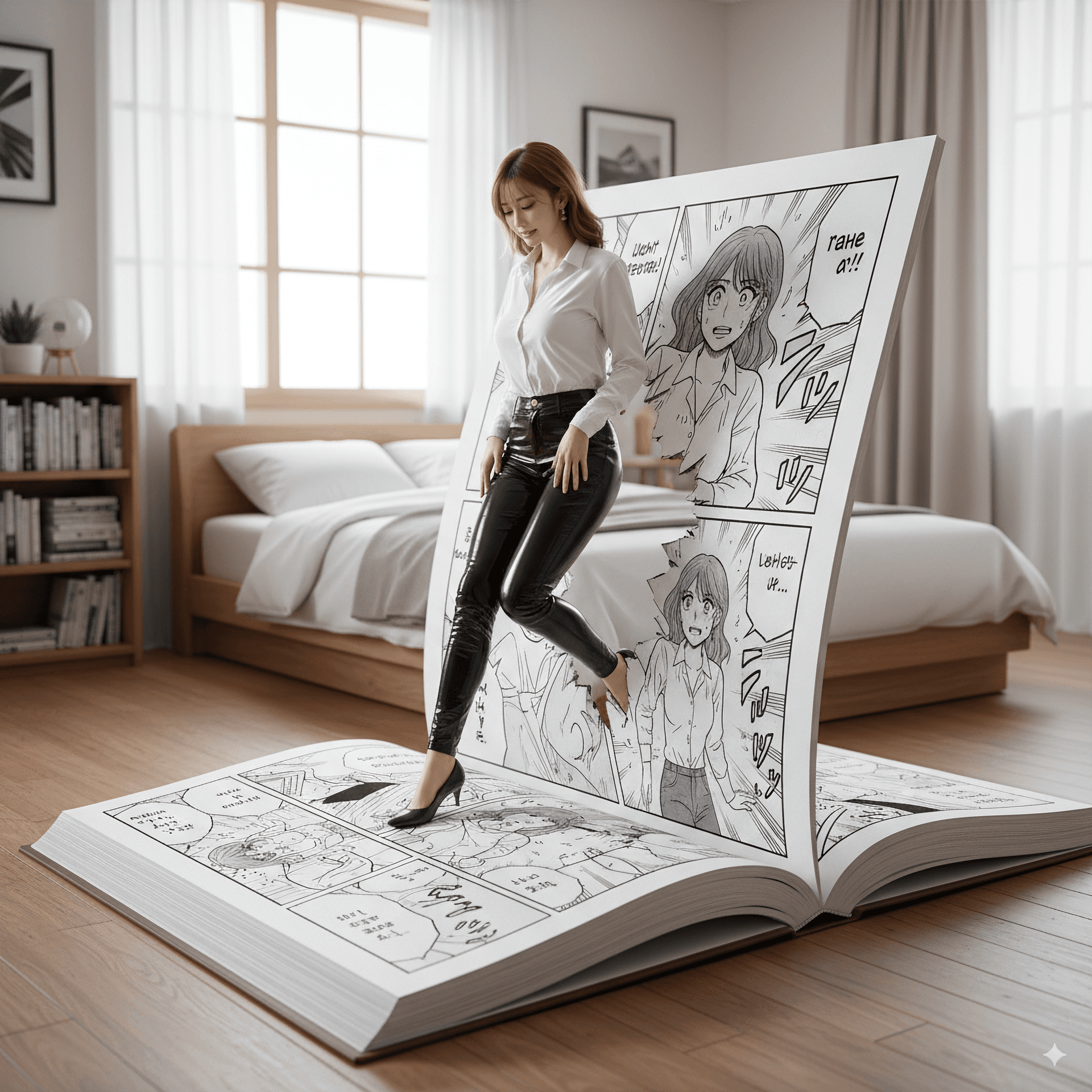 AI generated: Ultra-realistic 8K scene of the person in the photo, stepping out of and breaking the panel border o...