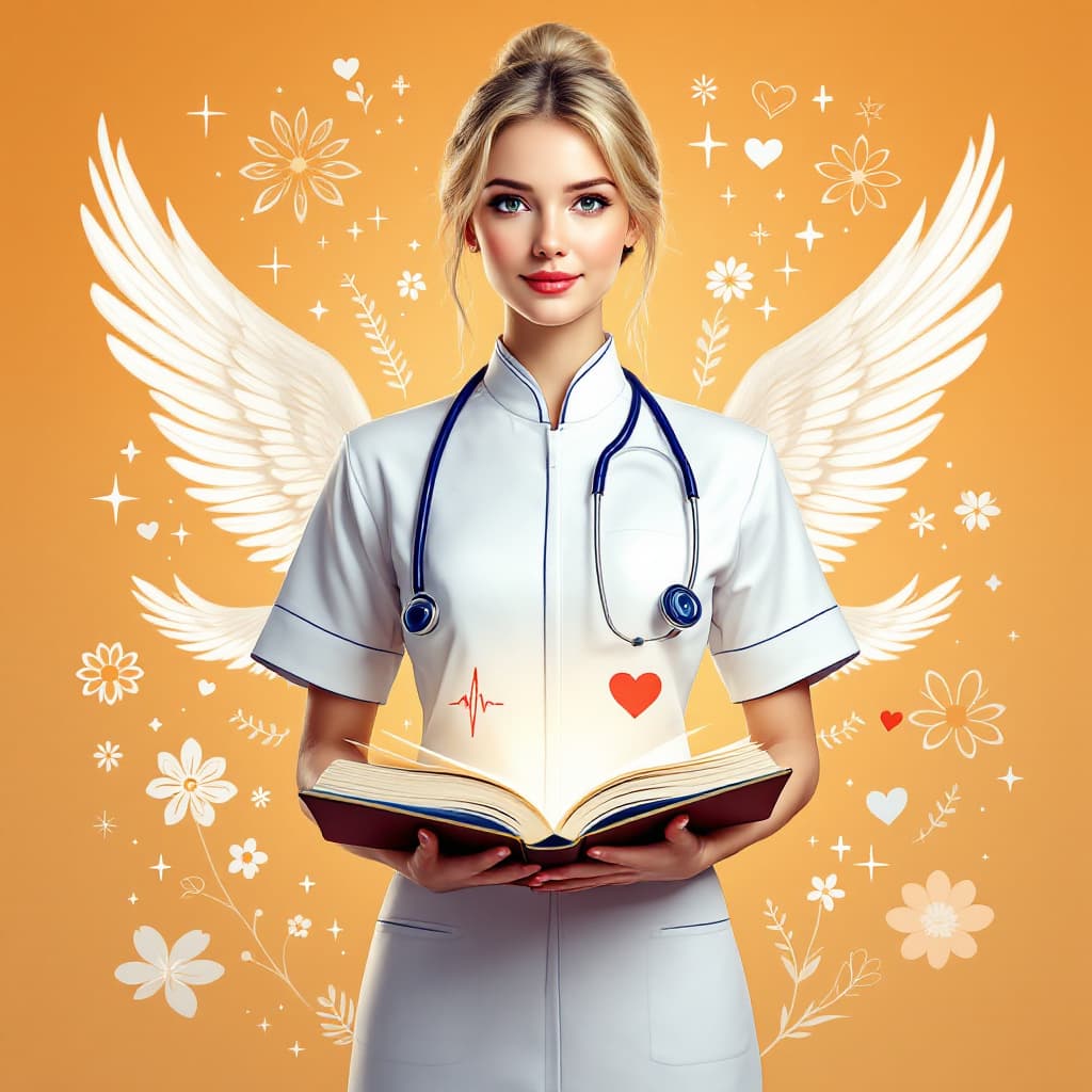 AI generated: "A [stylized], [semi-realistic] [nurse] with [light blonde hair] tied [neatly], wearing a [modern], ...