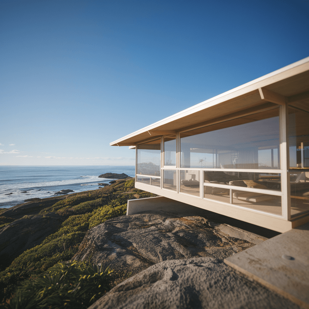 AI generated: Hyper realistic eye level exterior photo of a mid century modern style house overlooking the ocean, ...