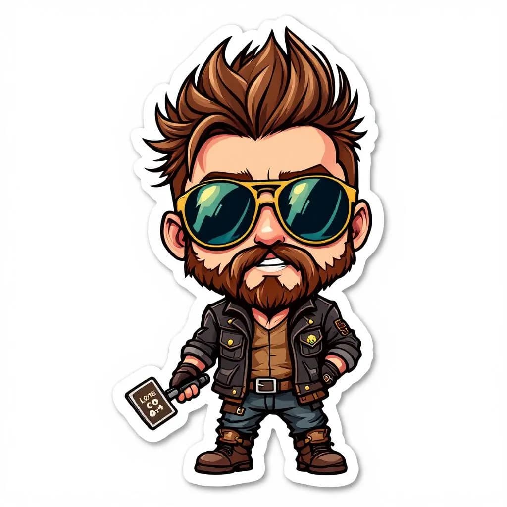 AI generated: ((cute sticker of Biker guy with spiky brown hair, pit viper sunglasses and leather jacket, style ca...