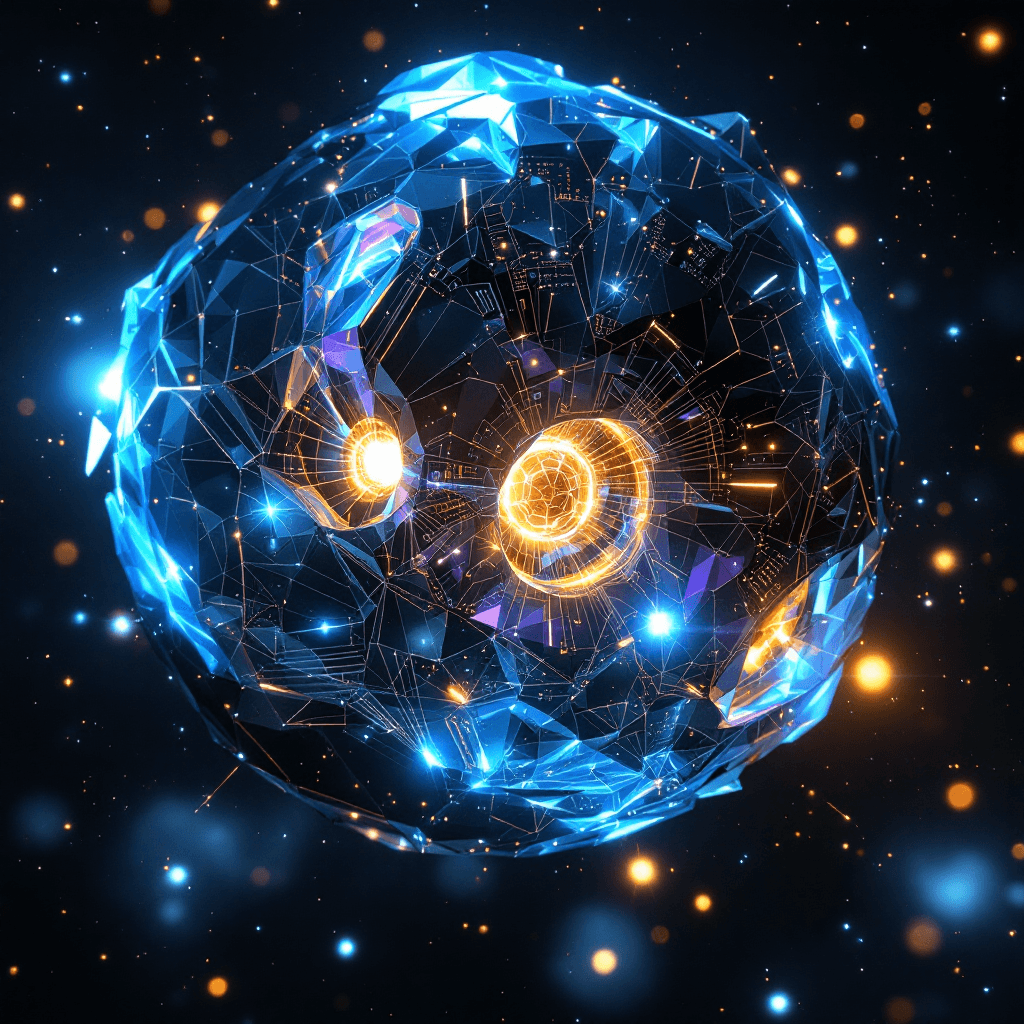 AI generated: A hyper-detailed, glowing visualization of a Sophon — a highly advanced, intelligent subatomic parti...