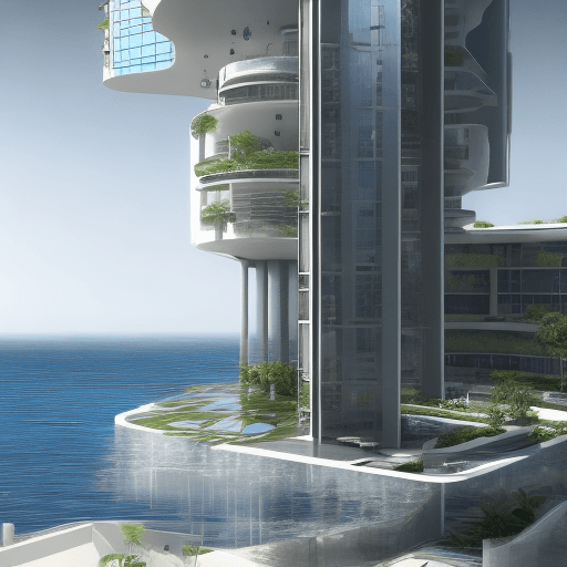 AI generated: architecture, co habitation with water, design, futuristic, rising sea levels, conceptual, high-rise...