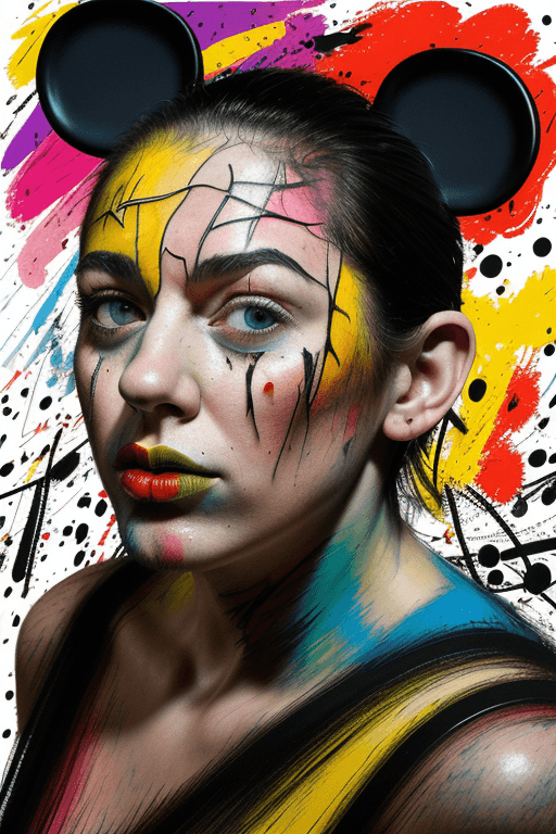 AI generated: Abstract interpretation of Mickey Mouse, vibrant colors, Jackson Pollock-inspired backdrop, full ima...