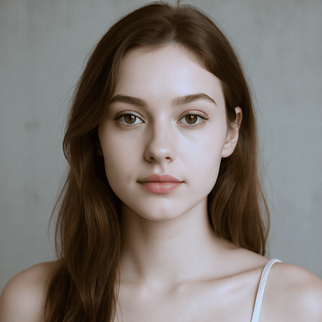AI generated: Retrato de una mujer joven de piel clara (o el tono de piel que desees), rostro limpio sin maquillaj...