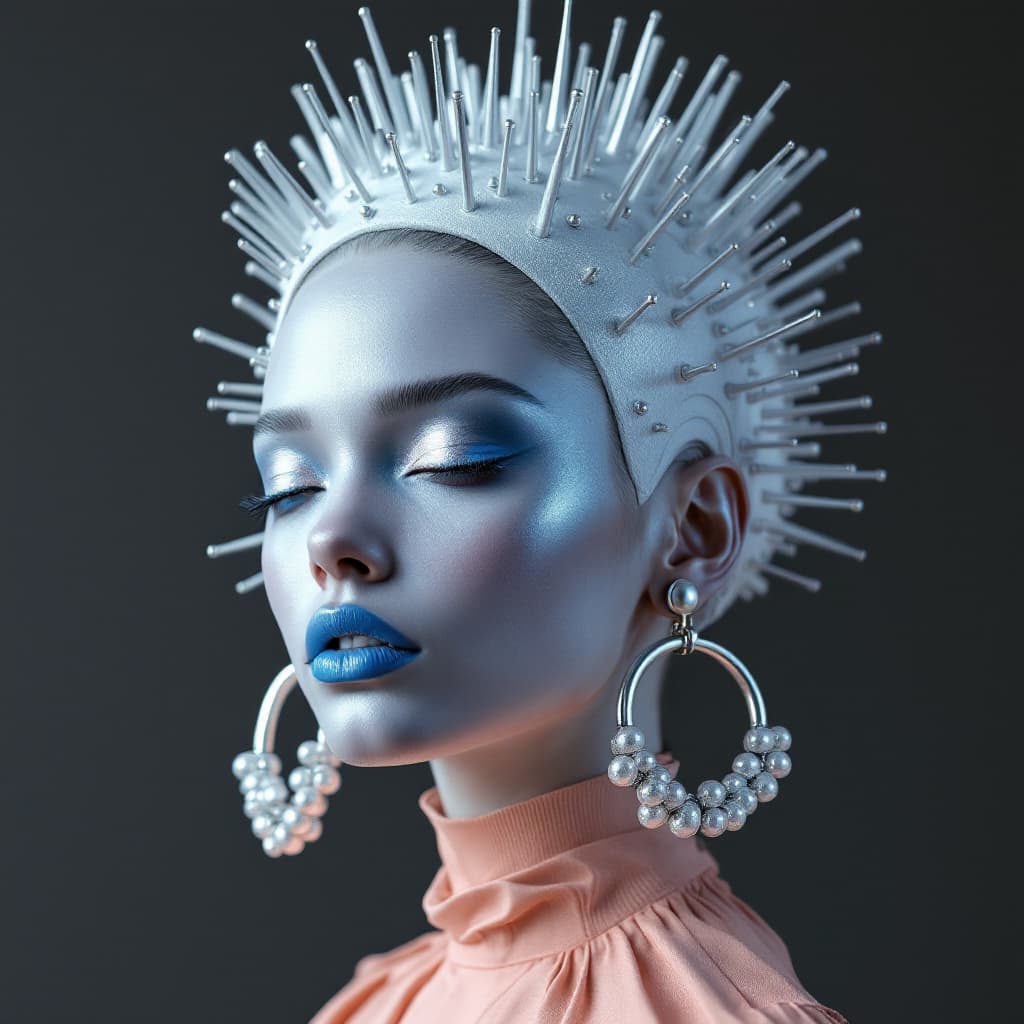 AI generated: A model with silver makeup and blue lipstick, wearing an elegant white headpiece adorned with metall...