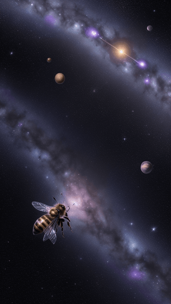 AI generated: {A honeybee floats in the darkness of space, its wings buzzing softly. The bee is surrounded by star...