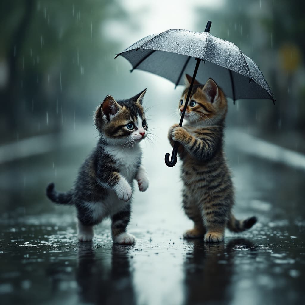 AI generated: A small, black-and-white spotted kitten walks alone in the rain, its fragile body drenched as water ...