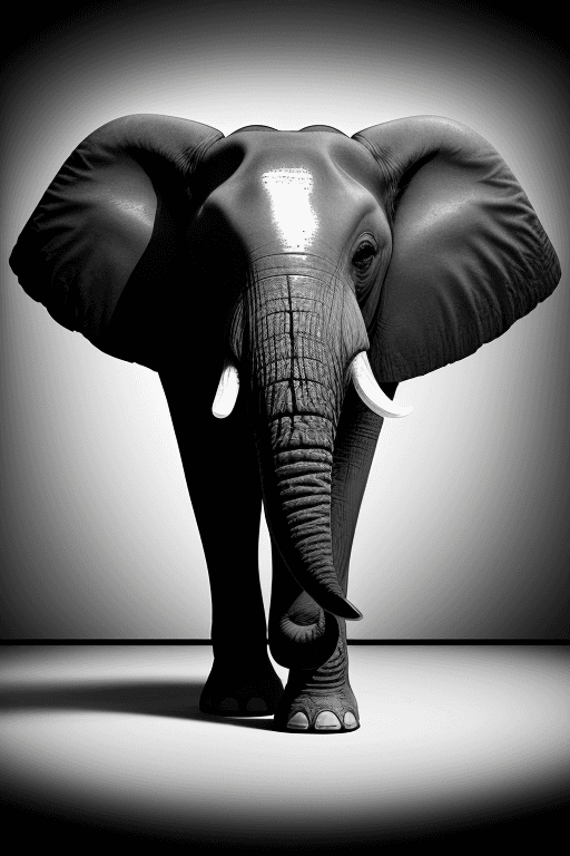 AI generated: Minimalist black and white photograph of an elephant, taken by David Bailey catching a secret, ungua...