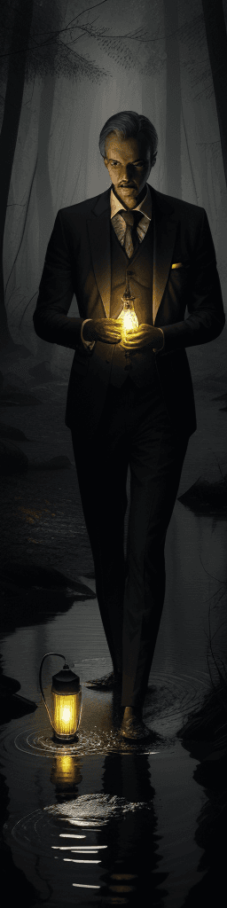 AI generated: A man in a suit, holding an broken BROKEN BROKEN bad kerosene lamp OR GASLİGHT in his hand, searchin...