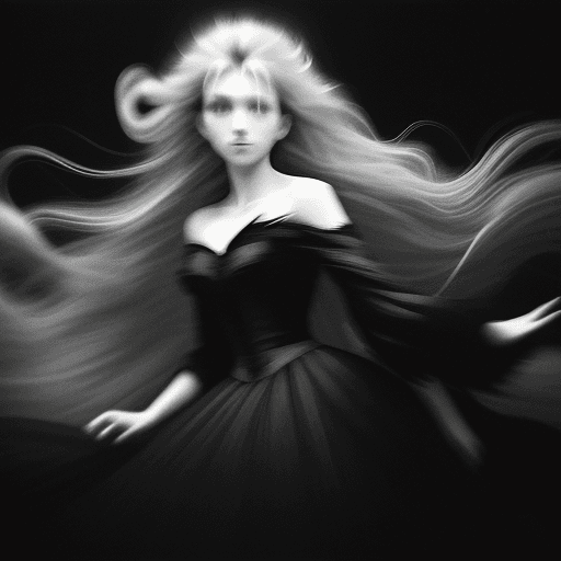 AI generated: a woman with long wild hair on a windy night, in the style of toy camera effects, haunting elegance,...