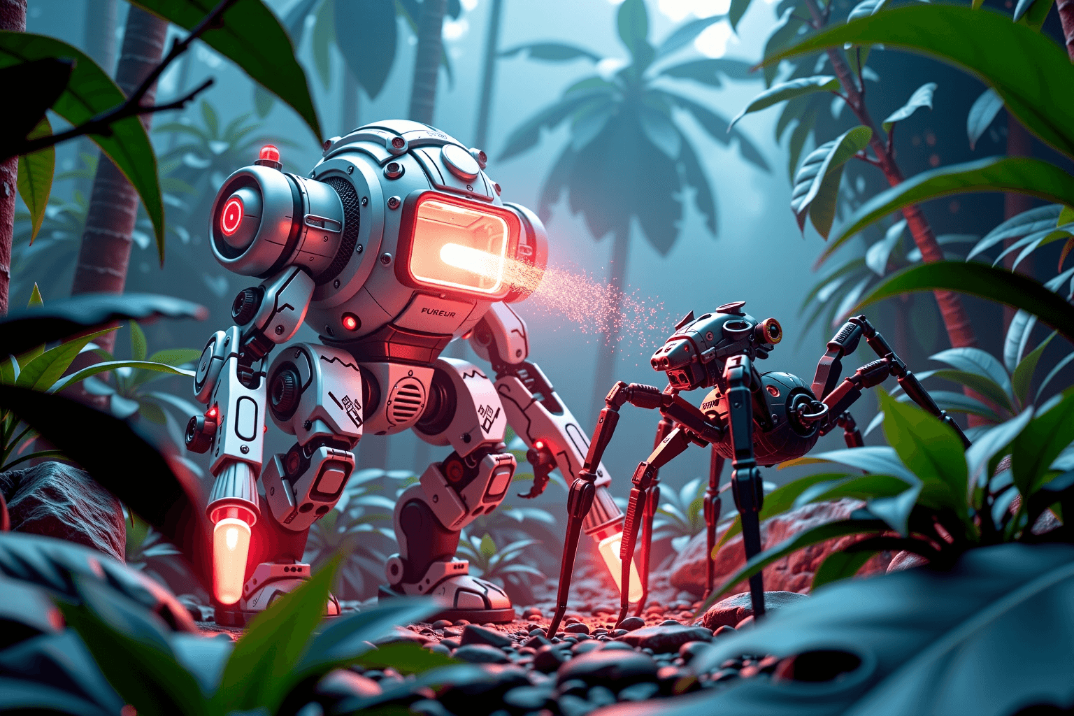 AI generated: In a dense post-organic jungle bathed in teal and neon glows, a rebellious Quantum Punk ice cream di...