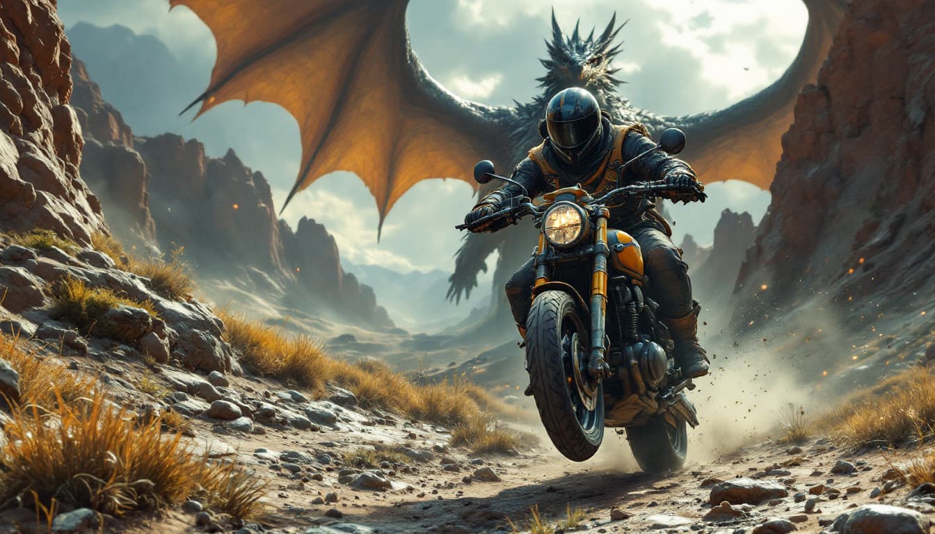 AI generated: two humans escaping on motorcycle from to Dragon attack in the fatnasy land