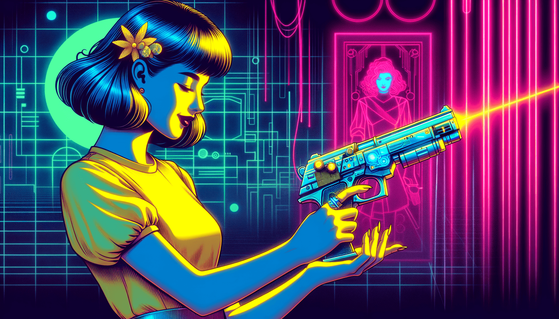 AI generated: futurism, photo with neon lighting, Lo-Fi, pin-up girl in a short yellow dress holding advanced lase...