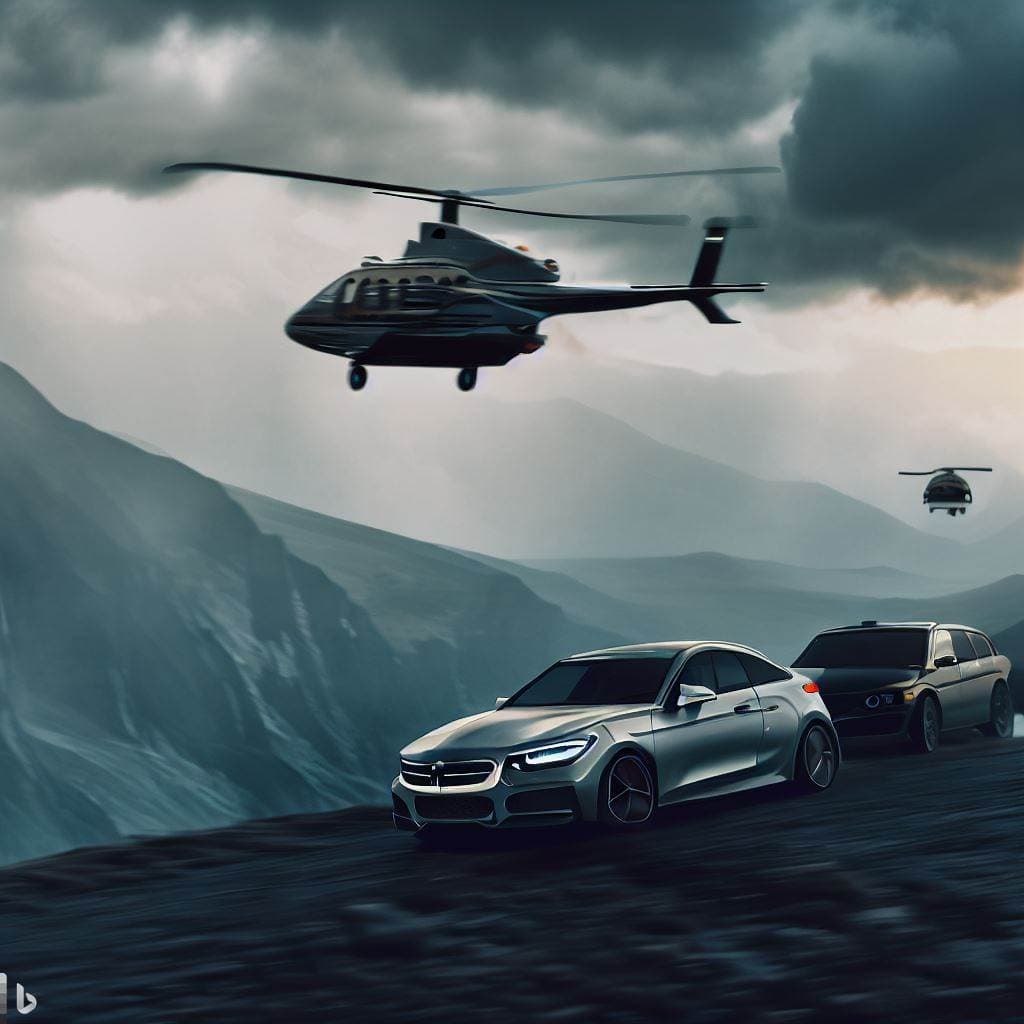 AI generated: a helicopter chasing BMW and Mercedes Benz car on the mountains, far view of mountain, stormy weathe...
