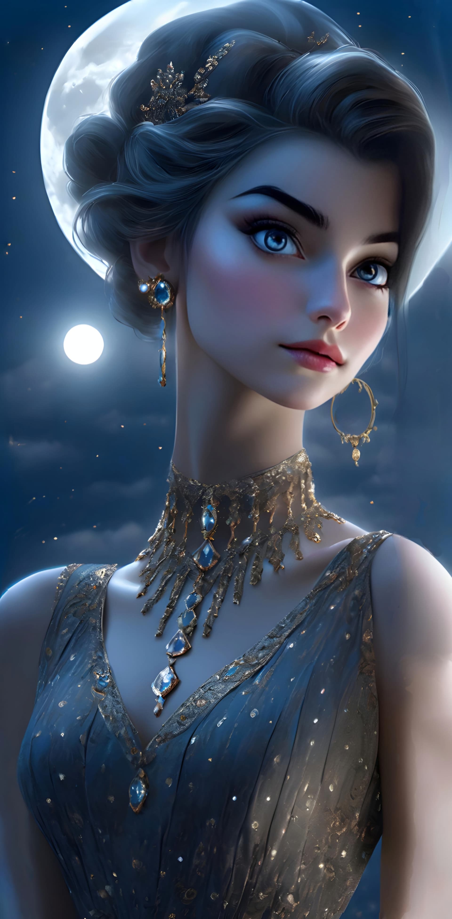 AI generated: Moonlight woman ((masterpiece)), ((best quality)) little diamond dress, low angle action pose, high ...