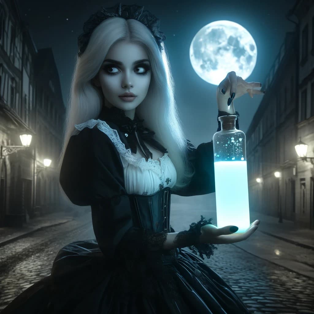 AI generated: A fantasy photoshoot of a creepy yet cute lady walking the streets at night, under a full moon, hold...